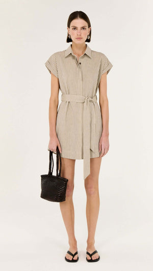 Linen Blend Pinstripe Mini Shirt Dress styled with a structured collar, button front, and waist tie, perfect for warm days.