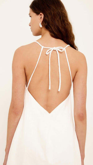 Back view of the Lucia Linen Cotton Blend White Mini Dress showcasing its tie-back straps and relaxed silhouette.