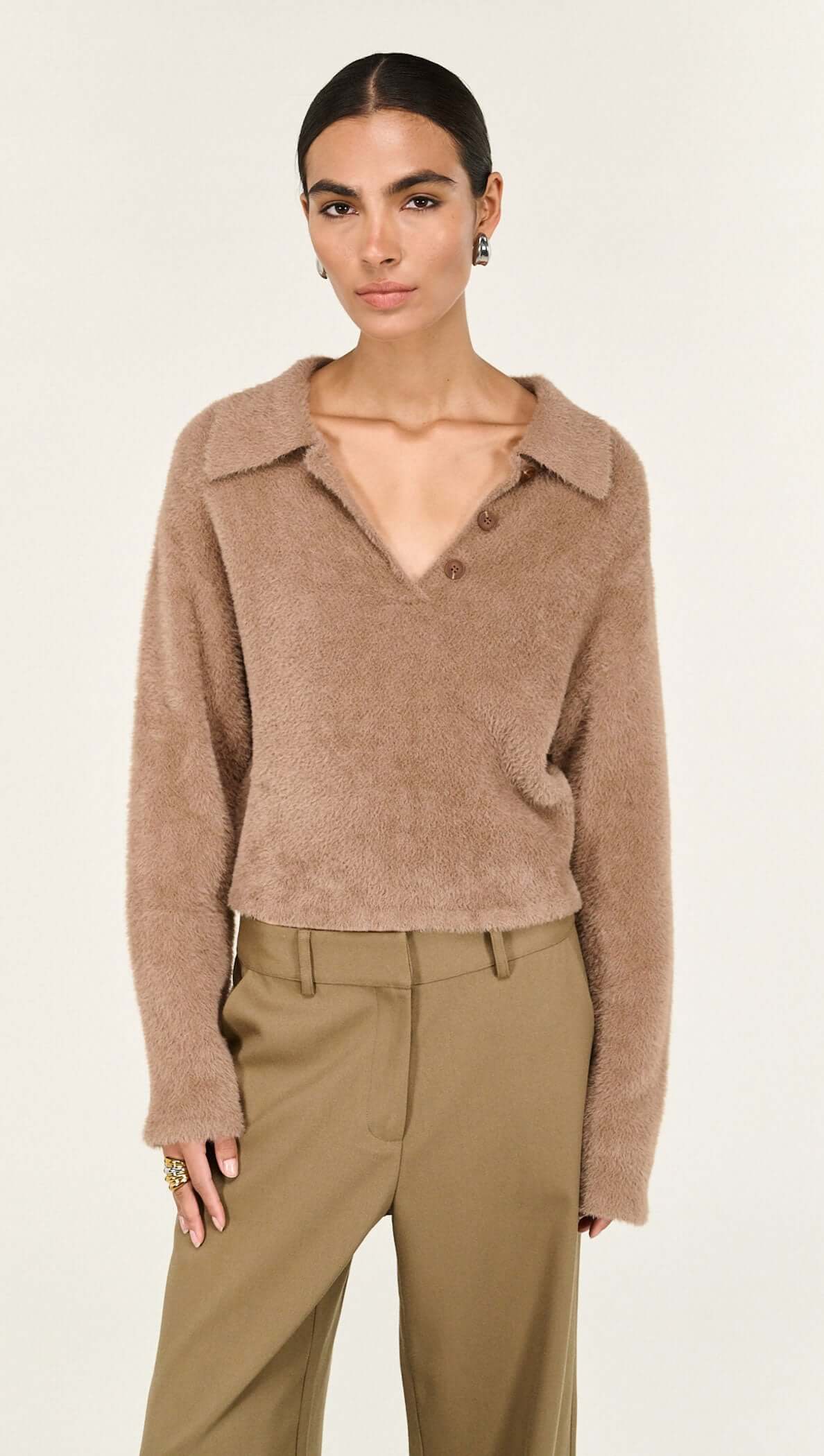 Model wearing a Mocha Fluffy Knit Polo Jumper with a relaxed silhouette and refined collar.