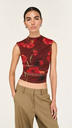 Model wearing a Red Poppy Print Mesh Tank with a high neckline and softly gathered detailing.