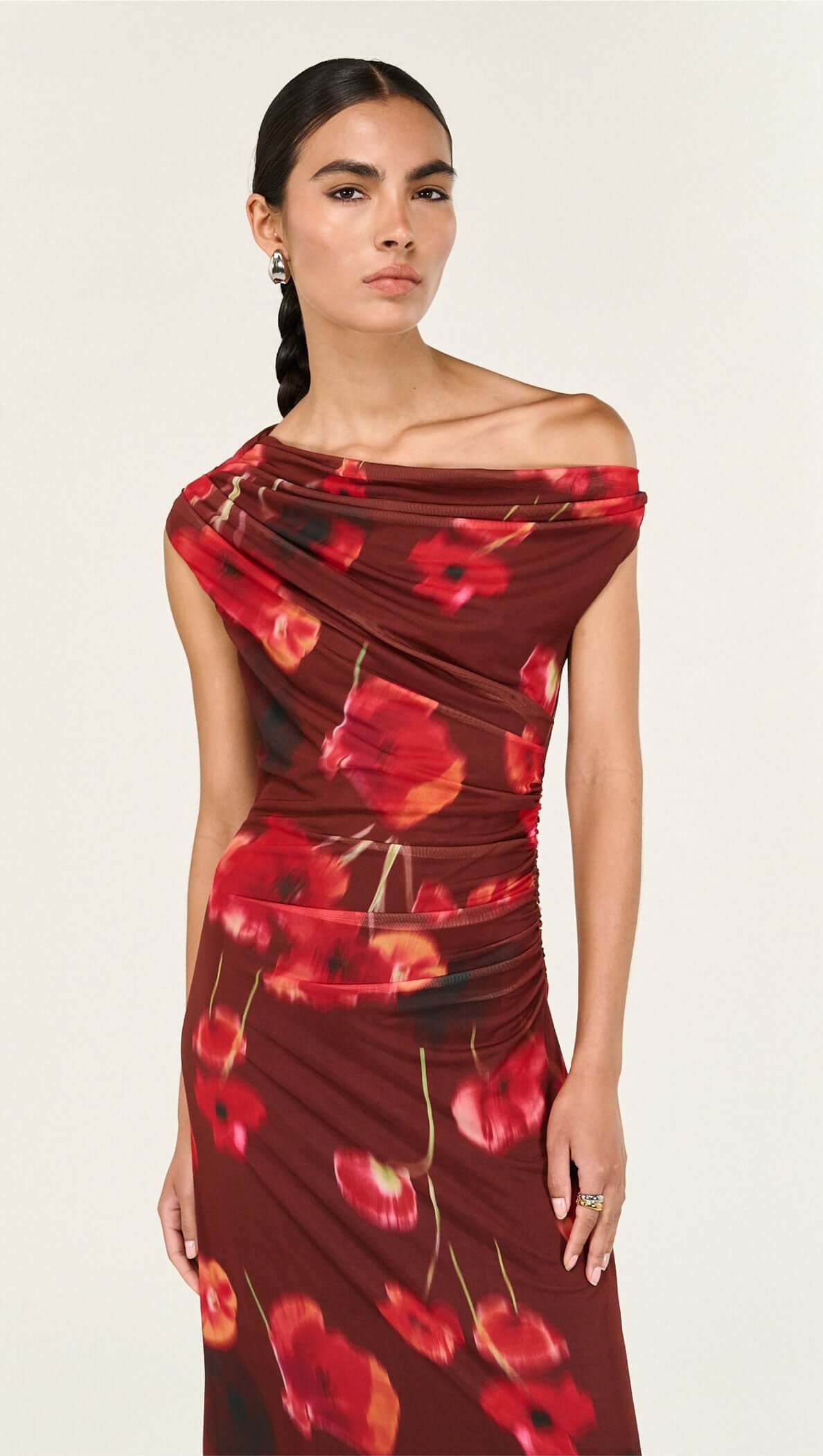 Red Poppy Print Off Shoulder Mesh Midi Dress styled on a model, featuring a floral design and elegant silhouette.