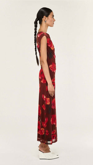 Red Poppy Print Off Shoulder Mesh Midi Dress displayed on a model from the side.