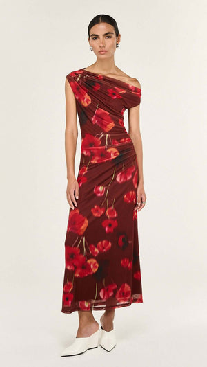 Red Poppy Print Off Shoulder Mesh Midi Dress styled on a model, featuring a floral design and elegant silhouette.