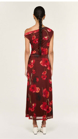 Back view of the Red Poppy Print Off Shoulder Mesh Midi Dress showcasing its elegant floral design.