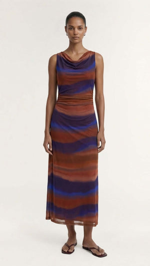 Sunset Ombre Print Sleeveless Mesh Midi Dress showcasing a model wearing a stylish ombre print with a sleek silhouette.