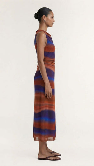 Sunset Ombre Print Sleeveless Mesh Midi Dress shown on a model in profile, featuring a multi-colored ombre pattern.