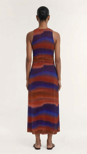 Back view of the Sunset Ombre Print Sleeveless Mesh Midi Dress showcasing its elegant silhouette and vibrant colors.