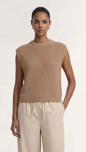 Taupe Cotton Blend Knit Tank Top styled with relaxed pants, showcasing its textured rib knit and sleeveless design.