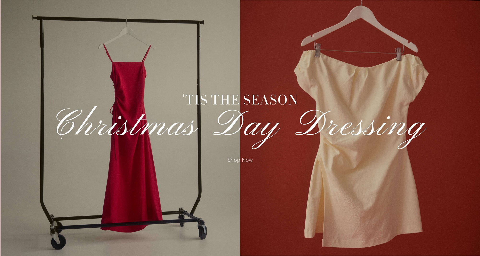 Elegant red and white dresses displayed for Christmas Day dressing, perfect for festive occasions.
