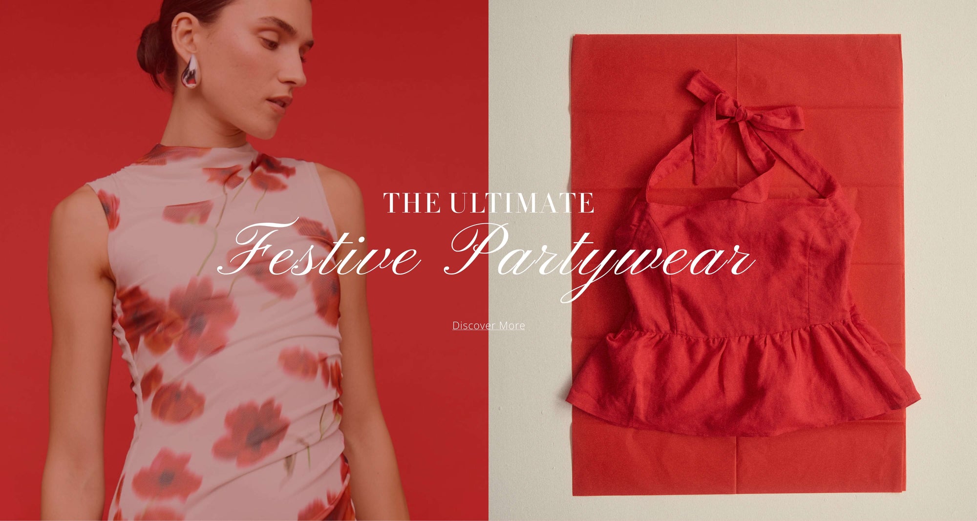 Woman in floral dress with red partywear top, showcasing festive styles for celebrations.