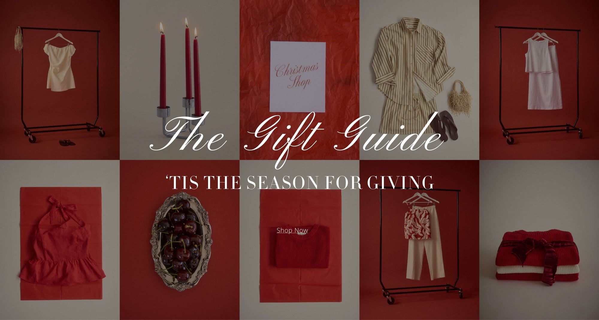 Flat lay of festive gift guide items and decorations for the holiday season, showcasing stylish apparel and candles.