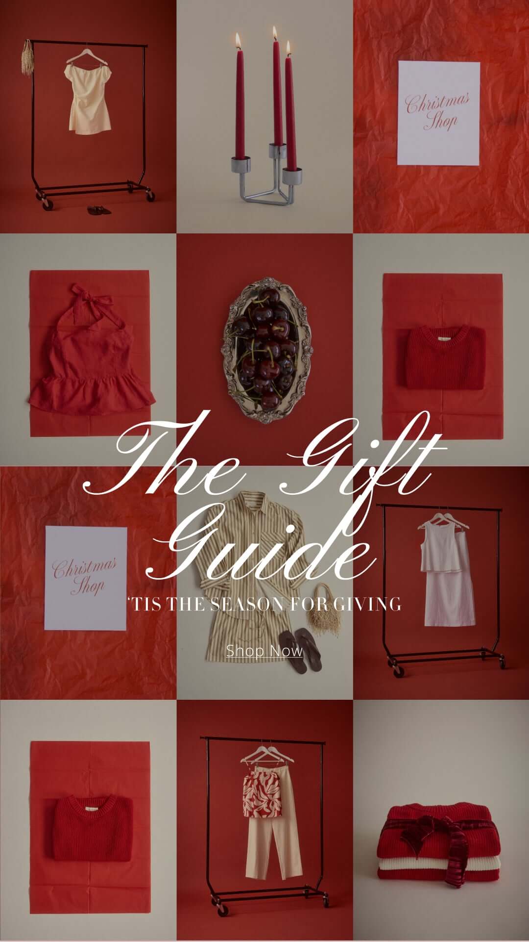 A festive gift guide collage featuring red clothing and candles, promoting seasonal shopping.