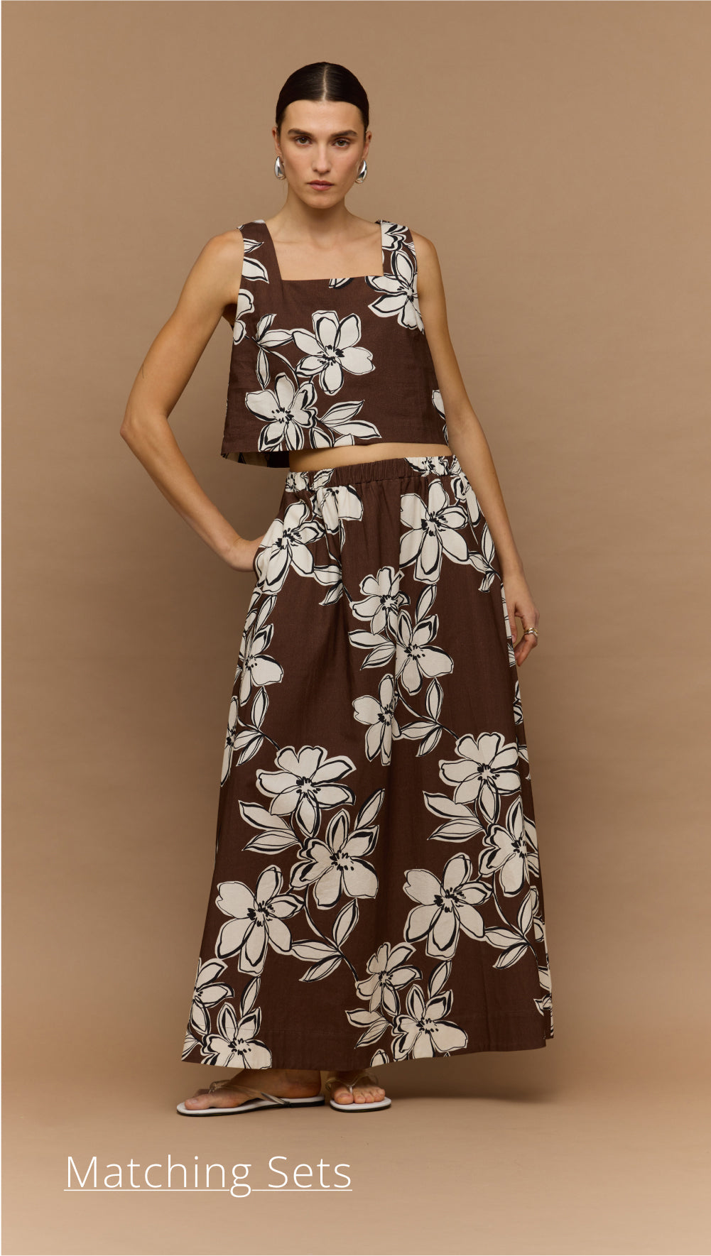 Brown Floral Maxi Skirt and crop top co-ord matching set