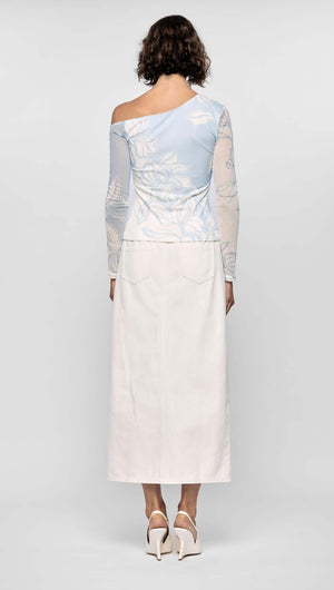 Back view of the Aurora Mesh Top featuring an asymmetric one-shoulder neckline, floral mesh, and a fitted silhouette.