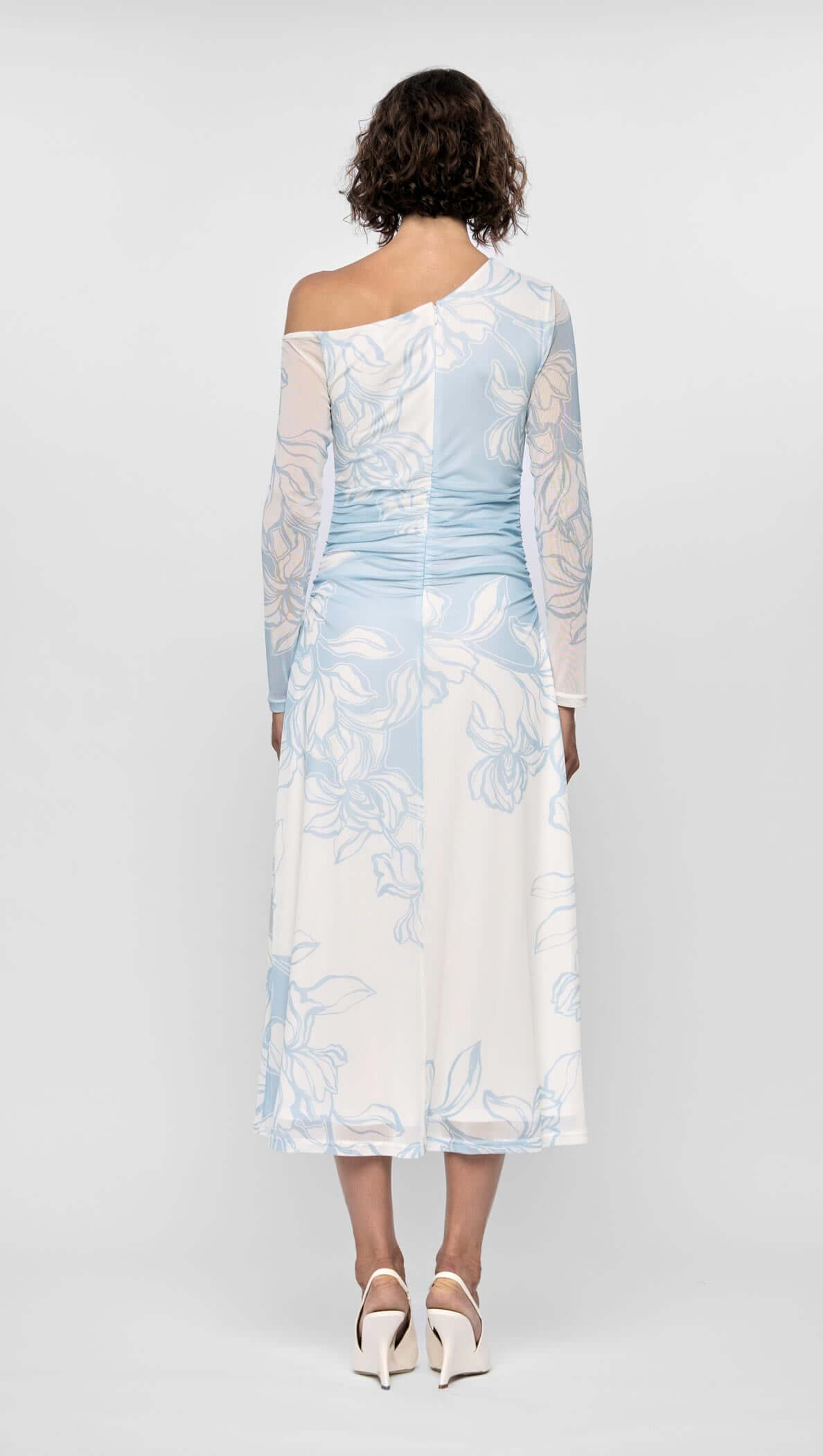 Back view of the Aurora Mesh Midi Dress, featuring a one-shoulder design and side ruching in blue floral mesh.