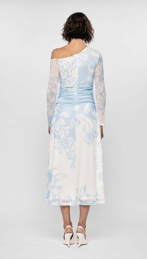 Back view of the Aurora Mesh Midi Dress, featuring a one-shoulder design and side ruching in blue floral mesh.