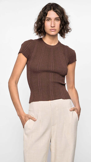 Maya Ribbed Knit Tee in rich chocolate brown, showcasing a fitted silhouette, crew neckline, and capped sleeves.