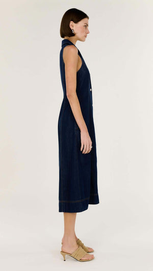 Denim Sleeveless Midi Shirt Dress in indigo denim, featuring A-line silhouette and collared neckline.