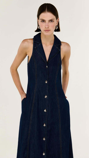 Denim Sleeveless Midi Shirt Dress featuring a collared neckline and button-through front in structured indigo denim.