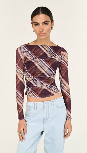 Plaid Mesh Boat Neck Top with Gather Detail worn by a model, featuring a modern design and stylish pattern.