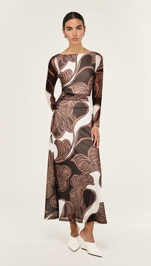 Abstract Leaf Print Mesh Midi Dress displayed on a model, showcasing bold leaf patterns and a stylish midi length.