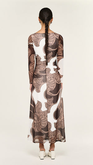 Abstract Leaf Print Mesh Midi Dress featuring a bold, organic pattern and a flattering silhouette from the back.