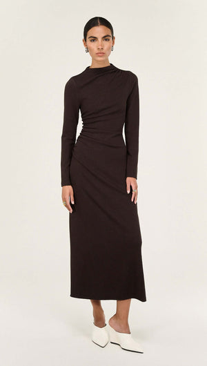 Gather Detail Long Sleeve Midi Dress in Chocolate modeled by a woman, showcasing a sleek, elegant style.