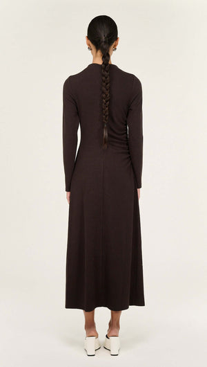 Back view of Gather Detail Long Sleeve Midi Dress in Chocolate, showcasing its elegant design and long sleeves.