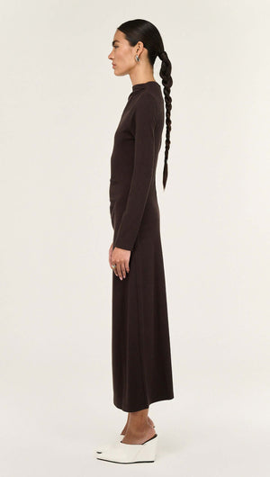 Gather Detail Long Sleeve Midi Dress in Chocolate showcased on a model from the side, highlighting its elegant silhouette.
