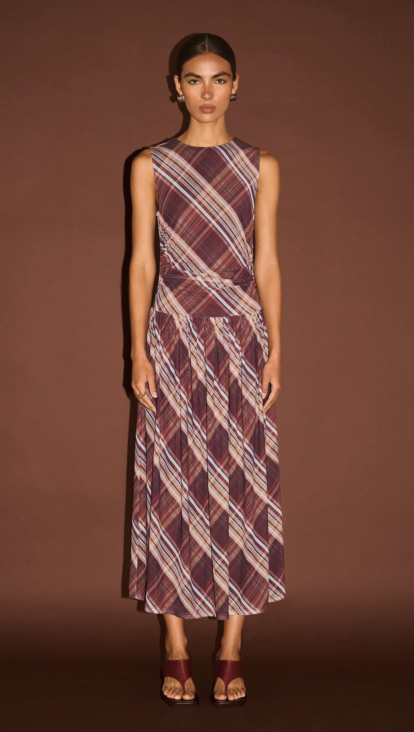 plaid mesh dress Plaid Mesh Midi Dress with Drop Waist - Chic & Modern Style