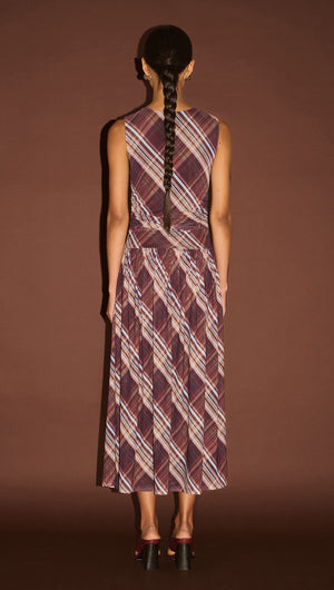 Back view of the Plaid Mesh Midi Dress with Drop Waist showcasing the elegant plaid design and drop waist silhouette.