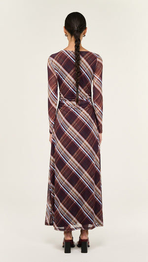 Back view of Plaid Mesh Long Sleeve Midi Dress featuring a stylish plaid pattern in earthy tones.