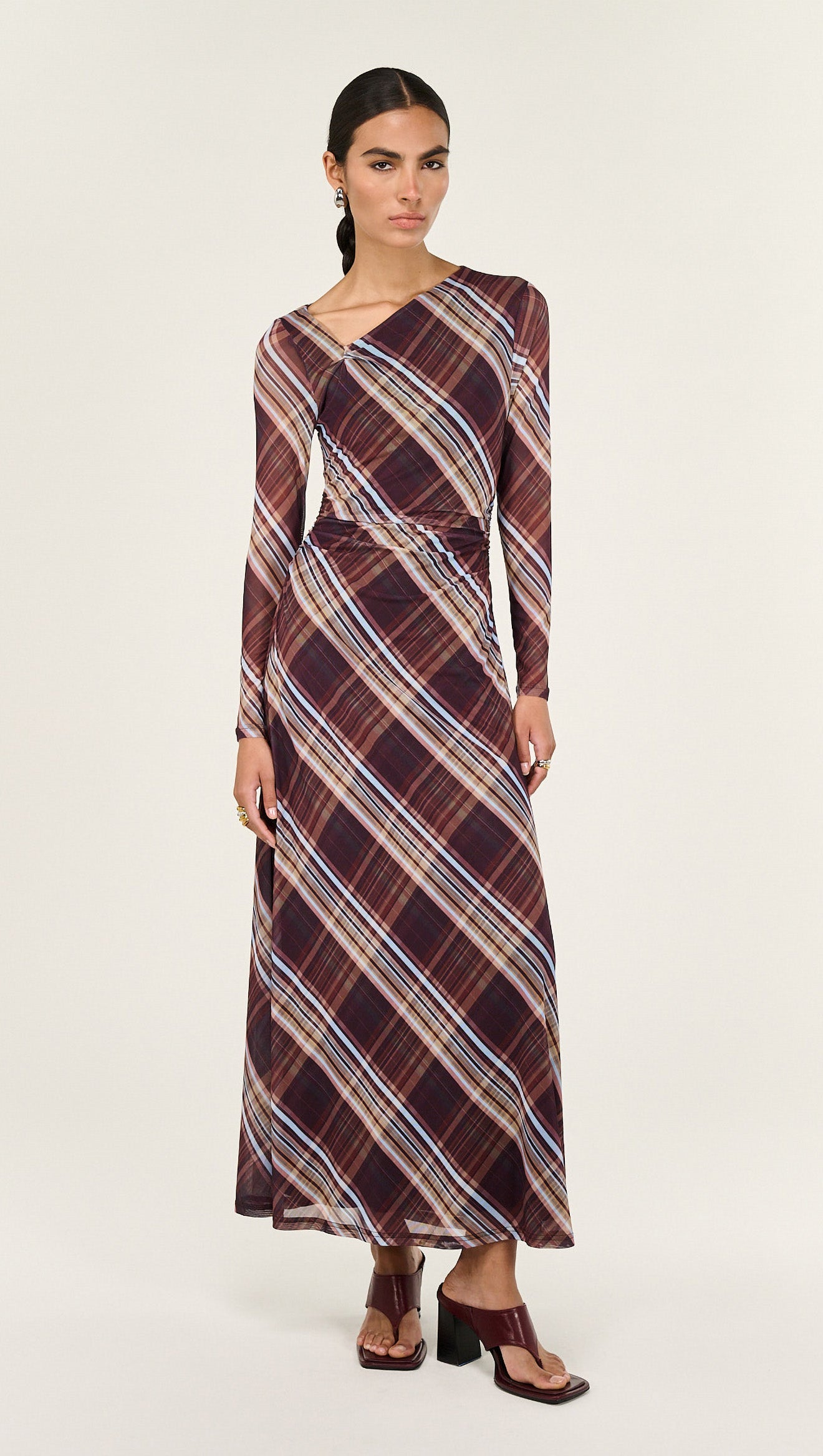 plaid midi dress long sleeve Plaid Mesh Long Sleeve Midi Dress XL / Check