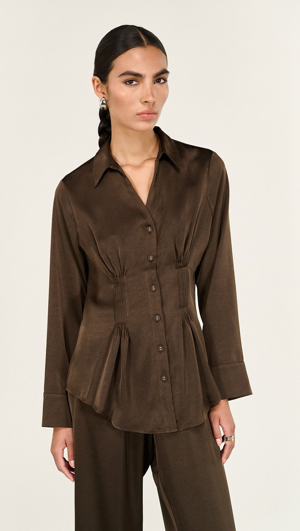 Chocolate Pintuck Cinched Waist Satin Shirt