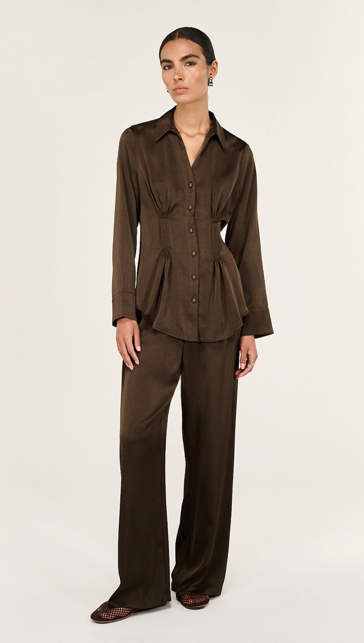 Chocolate Pintuck Cinched Waist Satin Shirt
