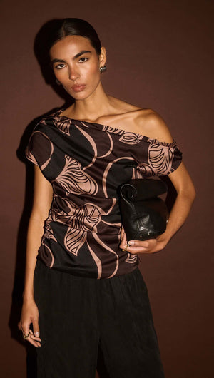 Abstract Leaf Print One Shoulder Top