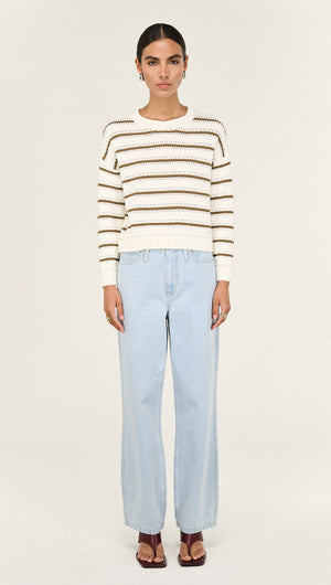 Khaki Stripe Round Neck Jumper styled with light blue jeans for a casual outfit look.