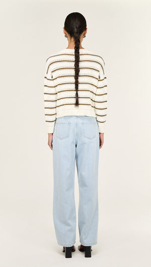 Back view of a model wearing a Khaki Stripe Round Neck Jumper paired with light blue jeans.