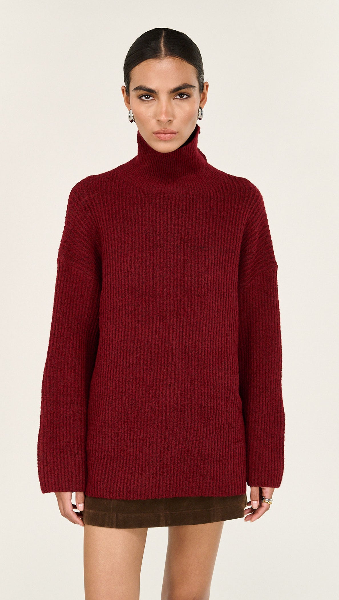 Burgundy Roll Neck Oversized Knit Jumper