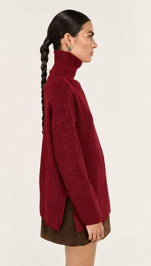 Burgundy Roll Neck Oversized Knit Jumper