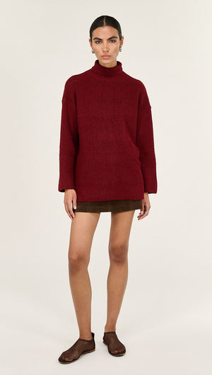 Burgundy Roll Neck Oversized Knit Jumper