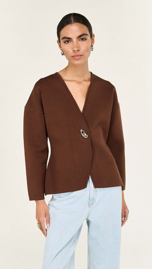 Model wearing a Chocolate Sculptured Soft Cardigan with Hardware Detail, showcasing its unique design and sophisticated style.