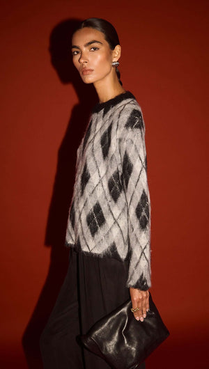 Model wearing a Relaxed Fit Argyle Brushed Jumper with a black clutch against a red background.