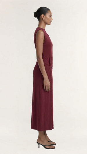 Burgundy Twist Detail Jersey Midi Dress, side view showcasing twist detail and flattering silhouette.