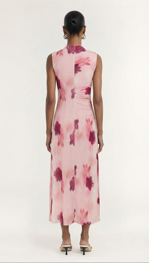 Back view of a model wearing a Pink Floral Sleeveless Mesh Midi Dress featuring a soft, artistic design.