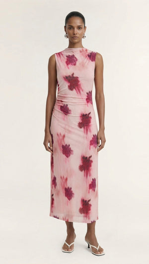 Pink Floral Sleeveless Mesh Midi Dress featuring a soft floral design and a flattering silhouette.