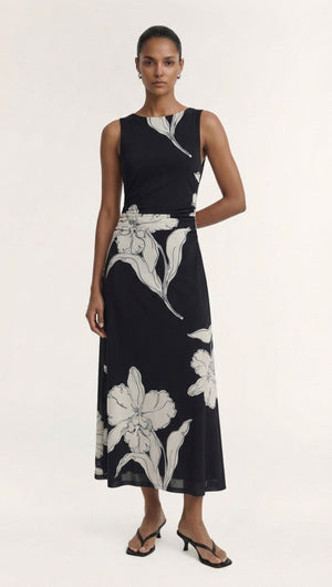 Model wearing Sketched Floral Mesh Midi Dress featuring black fabric with light floral designs.