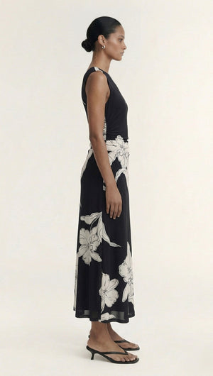 Sketched Floral Mesh Midi Dress displayed on a model from the side, showcasing its elegant floral design and flowing silhouette.