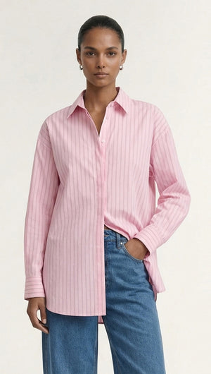 Oversized Cotton Shirt with Back Button Detail in pink striped design, featuring long sleeves and relaxed fit.