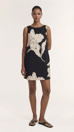 Sketched Floral Sleeveless Mini Dress displayed on a model in a black floral pattern, showcasing modern design and style.